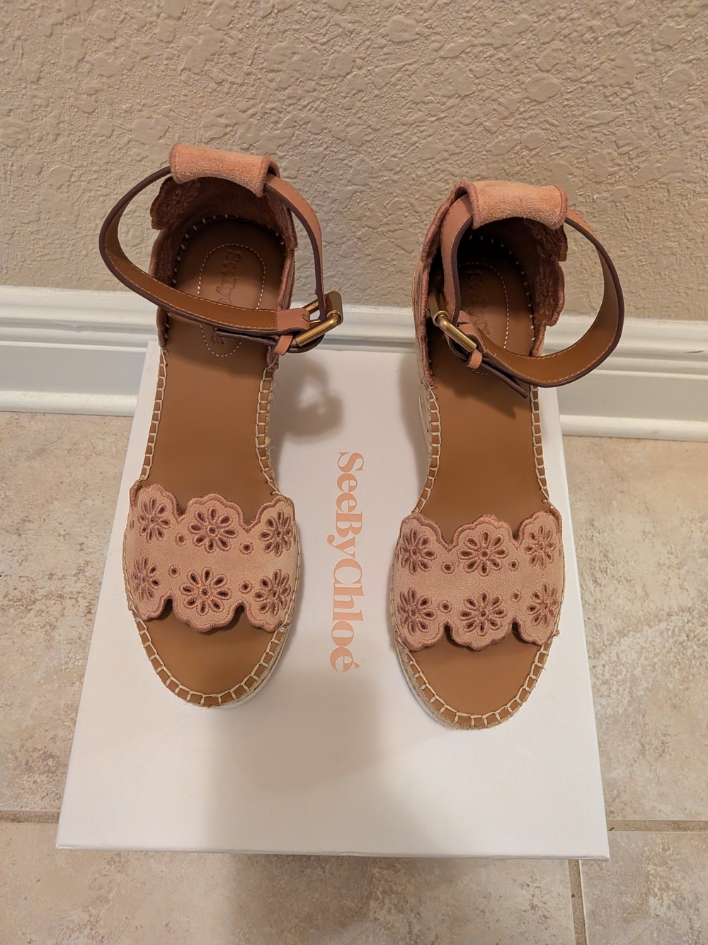 See By Chloe Pink Floral Espadrille Wedge Sandals - Picture 2 of 5